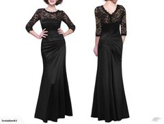 Sexy Black Satin Lace Maxi Evening Long Dress Sz12-14 3596816