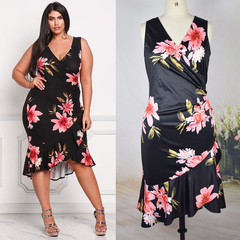 Black Floral Sleeveless Wrap Style Ruffle Boutique Party Dress Sz28-32 J1241BK7
