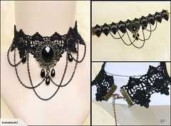 Vintage Black Gemstone Lace Crochet Necklace Gothic Punk Jewellery 1613110