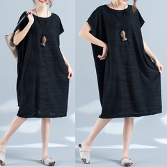 Fashion Black Ruched Wave Pattern Oversized Casual Tunic Dress J0846BK0