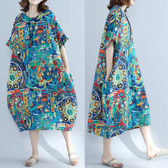 Retro Floral Paisley Print Cotton Linen Oversized Tunic Long Dress J1038DB0