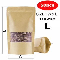 50pcs Kraft Paper Bags Resealable Zip Lock Food Storage Pouches L 3663705